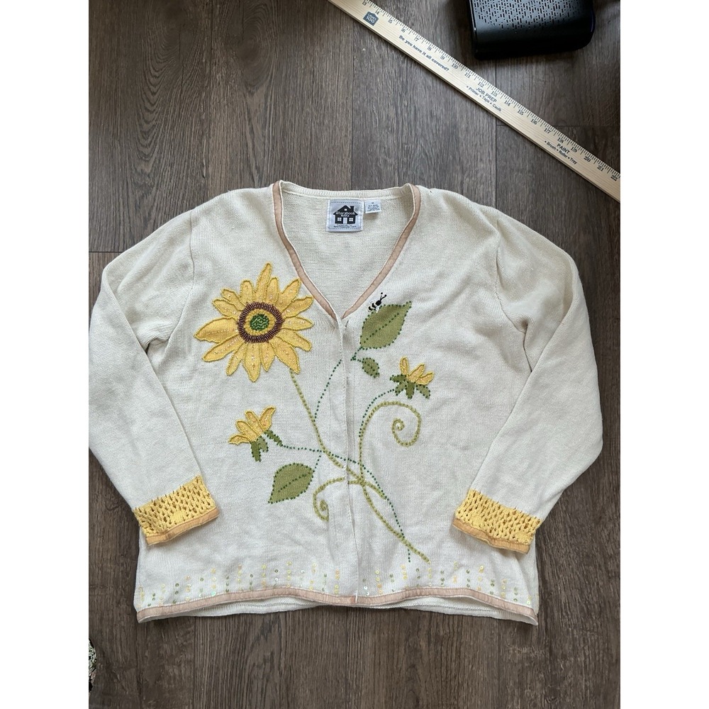 Vintage Storybook Knits Sunflower Bee‎ Beaded Cardigan Sweater XL